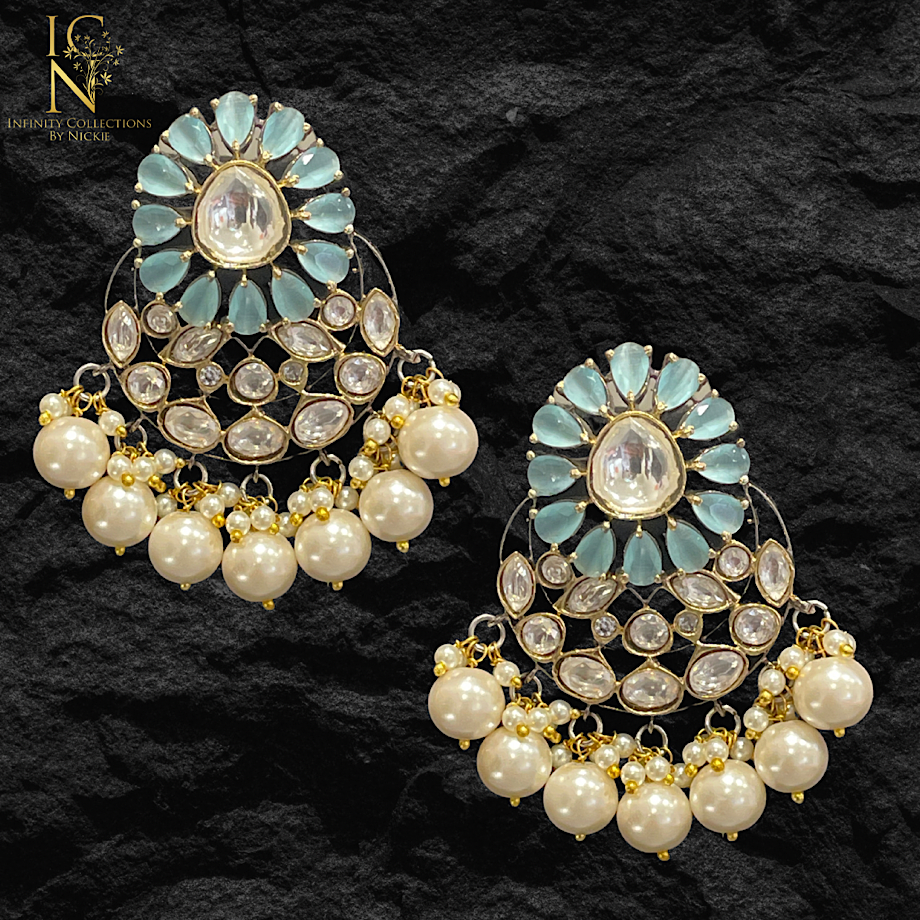 Fusion Kundan studs- Aqua
