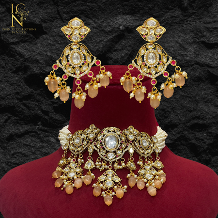 Polki Kundan Set - Peach