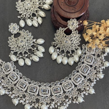 Silver Reverse Polki Necklace set